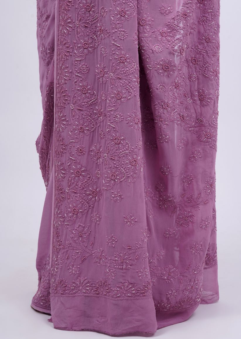 Firgun Wine Lucknowi Chikankari Viscose Georgette Saree with Unstitched Blouse Piece