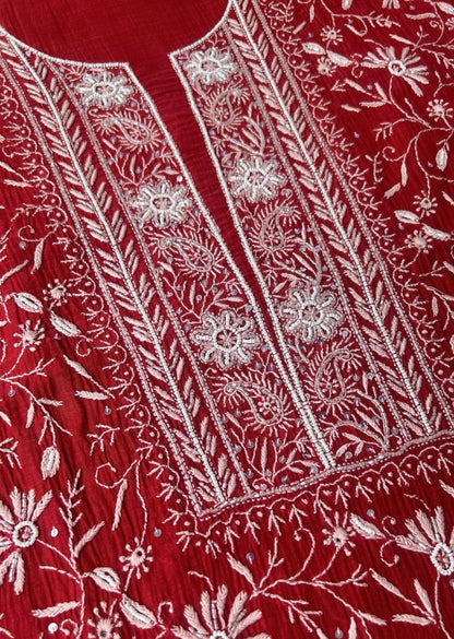 Firgun Red Lucknowi Chikankari Mul Chanderi Unstitched Kurta & Dupatta Set with Pearl & Cutdana Work