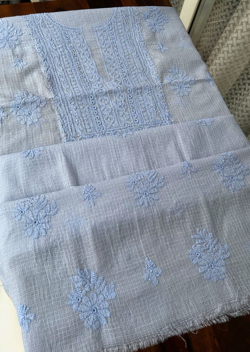 Firgun Sky Blue Lucknowi Chikankari Kota Unstitched Kurta & Dupatta Set