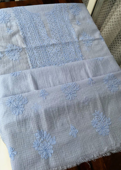 Firgun Sky Blue Lucknowi Chikankari Kota Unstitched Kurta & Dupatta Set