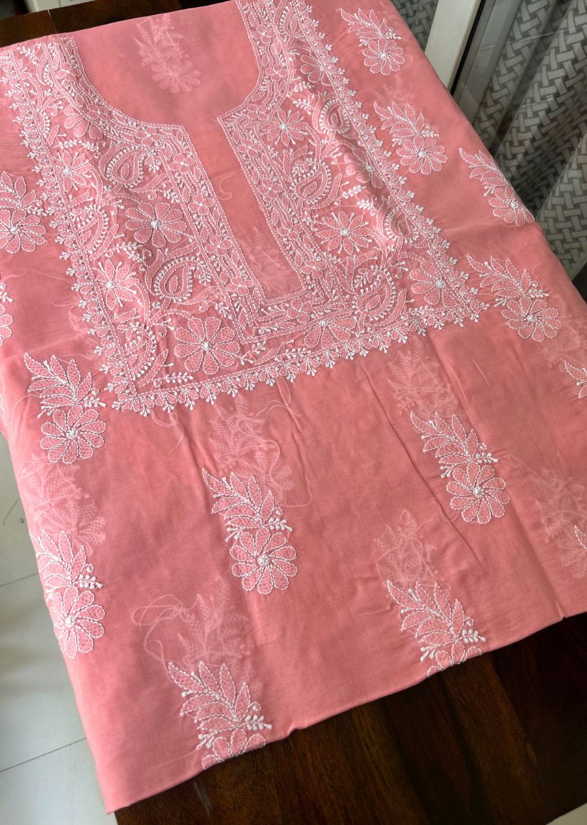 Firgun Peach Lucknowi Chikankari Cotton Unstitched Kurta