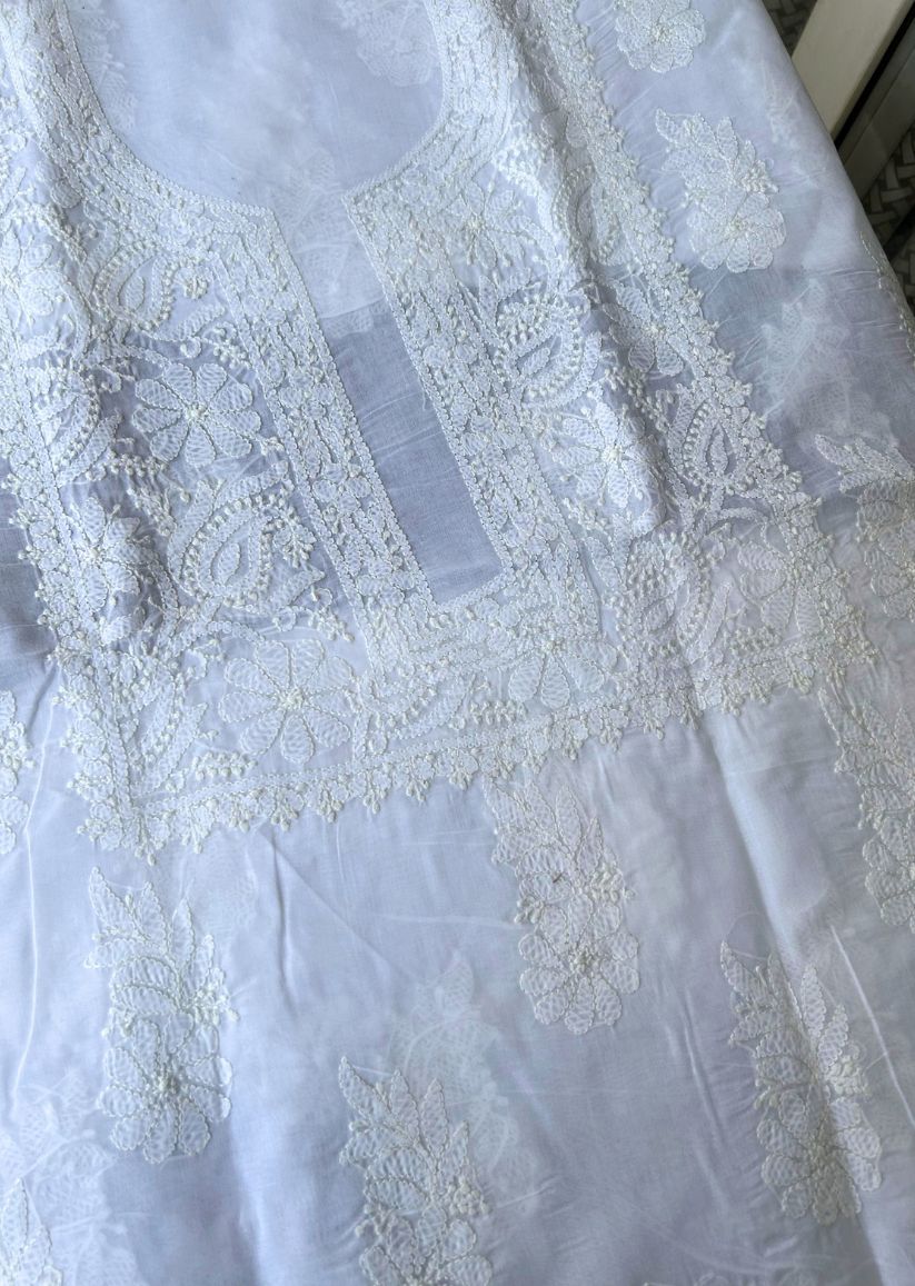 Firgun White Lucknowi Chikankari Cotton Unstitched Kurta