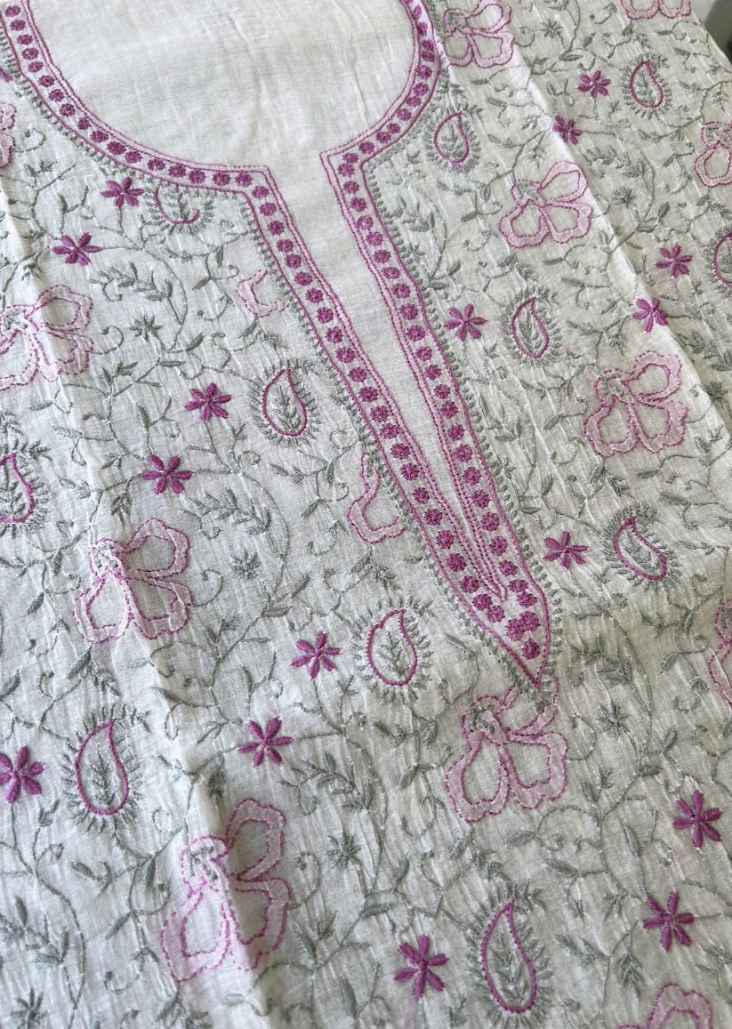 Firgun White Lucknowi Chikankari with Violet & Grey Work Mul Chanderi Unstitched Kurta & Dupatta Set