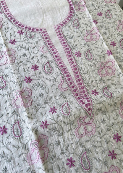 Firgun White Lucknowi Chikankari with Violet & Grey Work Mul Chanderi Unstitched Kurta & Dupatta Set