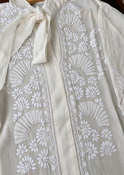 Firgun Cream Lucknowi Chikankari Mul Chanderi Semi-Stitched Shirt