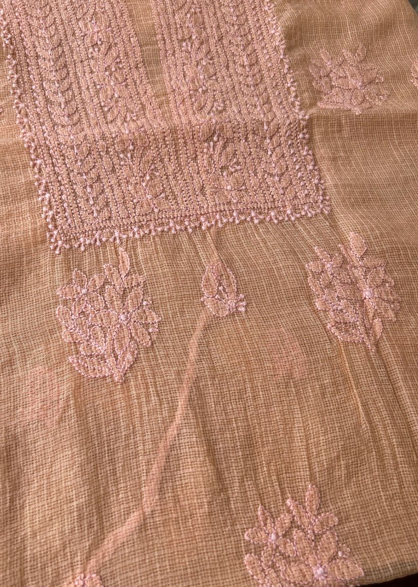 Firgun Apricot Lucknowi Chikankari Kota Unstitched Kurta & Dupatta Set