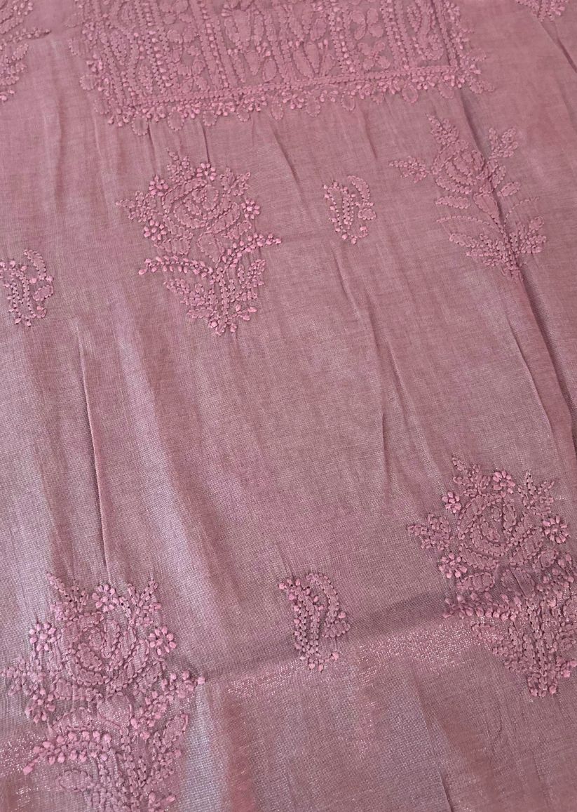 Firgun Pink Lucknowi Chikankari Chanderi Silver Tissue Kurta Dupatta Set