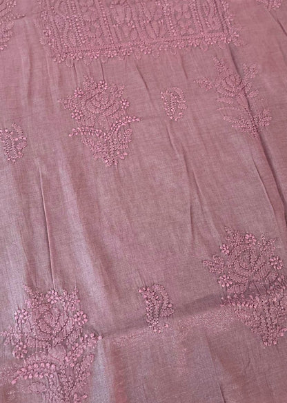 Firgun Pink Lucknowi Chikankari Chanderi Silver Tissue Kurta Dupatta Set