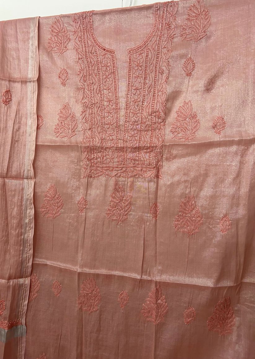 Firgun Red Lucknowi Chikankari Chanderi Silver Tissue Kurta Dupatta Set