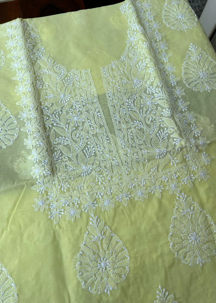 Firgun Lemon Yellow Lucknowi Chikankari Cotton Unstitched Kurta