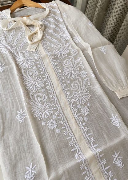 Firgun Cream Lucknowi Chikankari Mul Chanderi Semi-Stitched Shirt