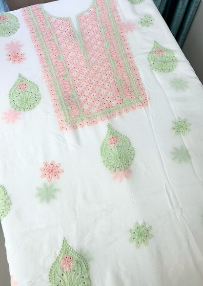 Firgun White Lucknowi Chikankari & Mukaish Work Viscose Georgette Unstitched Kurta & Dupatta Set