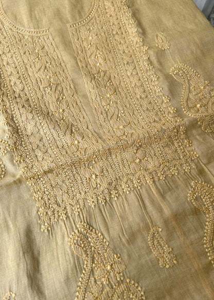 Firgun Yellow Lucknowi Chikankari Chanderi Silver Tissue Kurta Dupatta Set