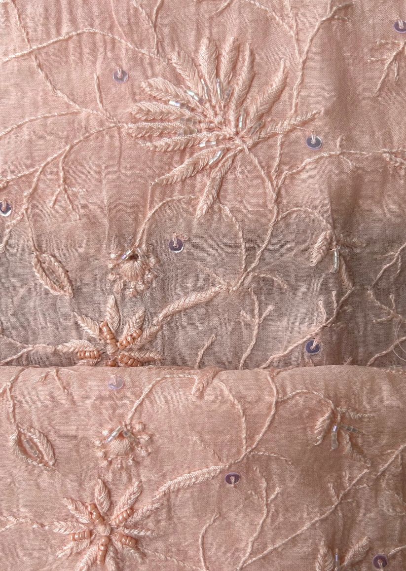 Firgun Peach Lucknowi Chikankari Mul Chanderi Unstitched Kurta & Dupatta Set with Pearl & Cutdana Work