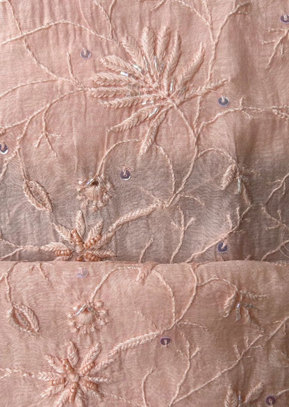 Firgun Peach Lucknowi Chikankari Mul Chanderi Unstitched Kurta & Dupatta Set with Pearl & Cutdana Work