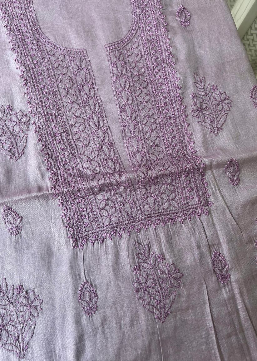 Firgun Dusty Lavender Lucknowi Chikankari Chanderi Silver Tissue Kurta Dupatta Set