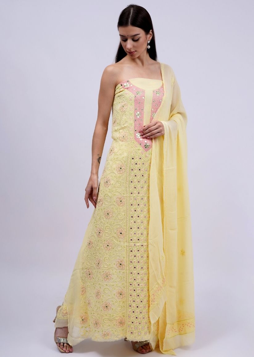 Firgun Lemon Lucknowi Chikankari Viscose Georgette Unstitched Kurta & Dupatta Set