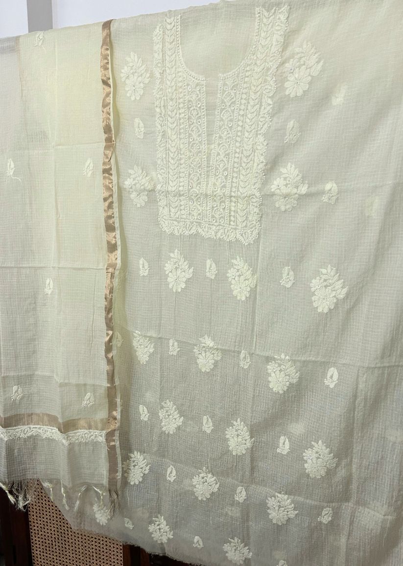 Firgun Lemon Lucknowi Chikankari Kota Unstitched Kurta & Dupatta Set