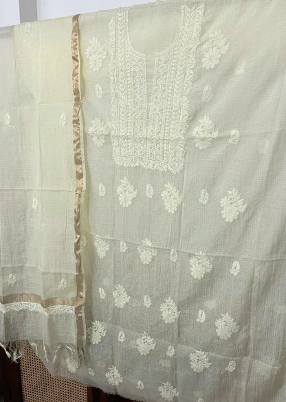 Firgun Lemon Lucknowi Chikankari Kota Unstitched Kurta & Dupatta Set