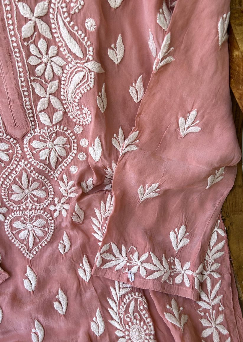 Firgun Peach Lucknowi Chikankari Silk Straight Kurta