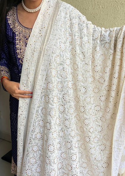 Firgun Cream Lucknowi Chikankari Pure Georgette Mukaish Work Dupatta