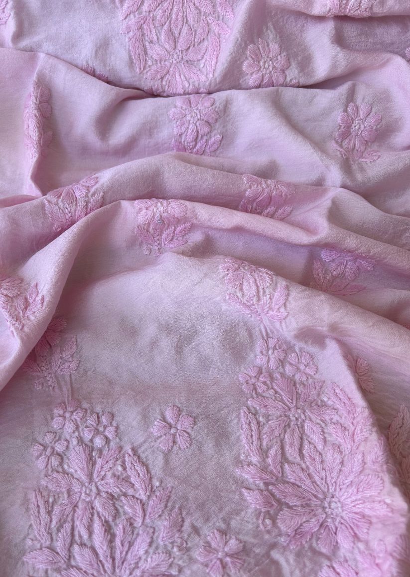 Firgun Pink Lucknowi Chikankari Chanderi Straight Kurta