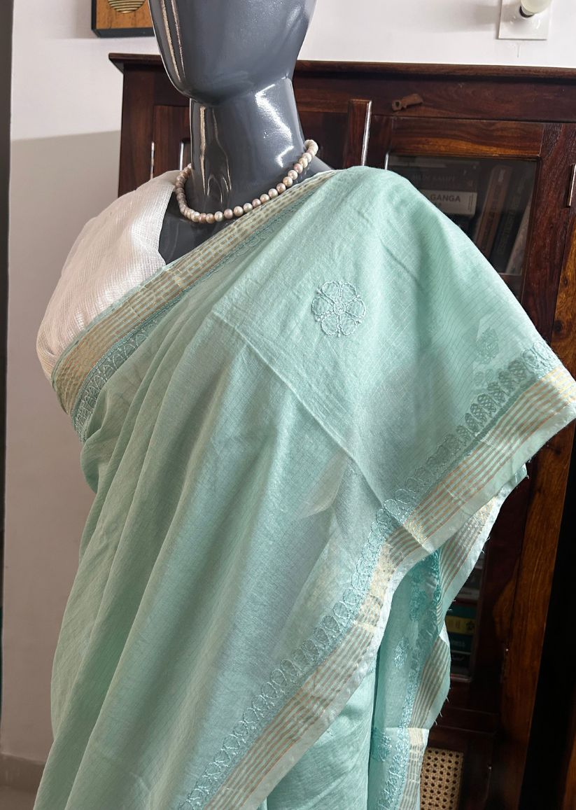 Firgun Mint Green Lucknowi Chikankari Mul Cotton Saree with Unstitched Blouse Piece