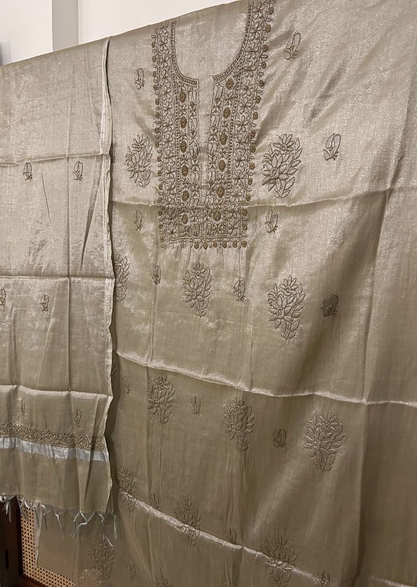Firgun Champagne Beige Lucknowi Chikankari Chanderi Silver Tissue Kurta Dupatta Set
