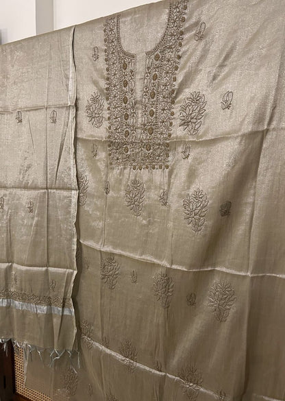 Firgun Champagne Beige Lucknowi Chikankari Chanderi Silver Tissue Kurta Dupatta Set