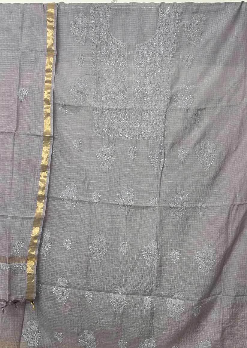 Firgun Slate Grey Lucknowi Chikankari Kota Unstitched Kurta & Dupatta Set