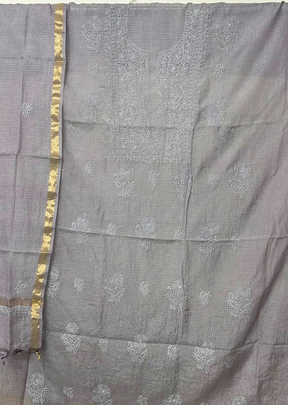 Firgun Slate Grey Lucknowi Chikankari Kota Unstitched Kurta & Dupatta Set