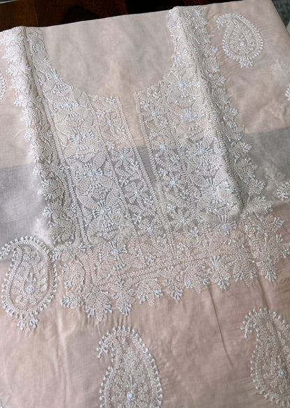Firgun Light Peach Lucknowi Chikankari Cotton Unstitched Kurta