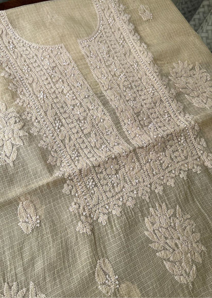 Firgun Beige Lucknowi Chikankari Kota Unstitched Kurta & Dupatta Set