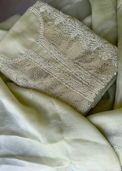 Firgun Mehendi Green Lucknowi Chikankari Pure Organza Unstitched Kurta & Dupatta Set