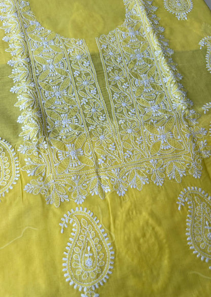 Firgun Yellow Lucknowi Chikankari Cotton Unstitched Kurta