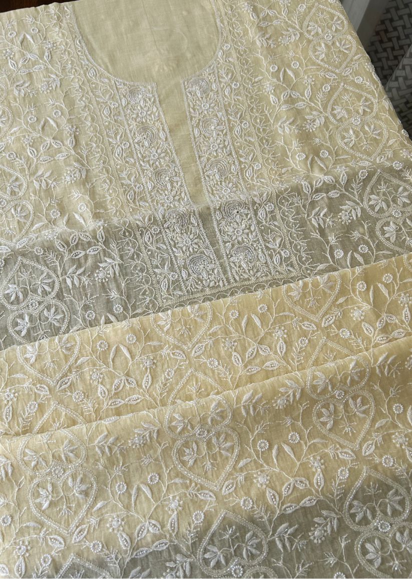 Firgun Butter Yellow Lucknowi Chikankari with Pearl & Cutdana Work Mul Chanderi Unstitched Kurta & Dupatta Set
