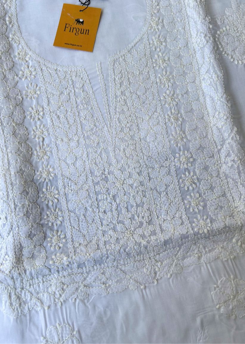 Firgun White Lucknowi Chikankari Cotton Unstitched Kurta