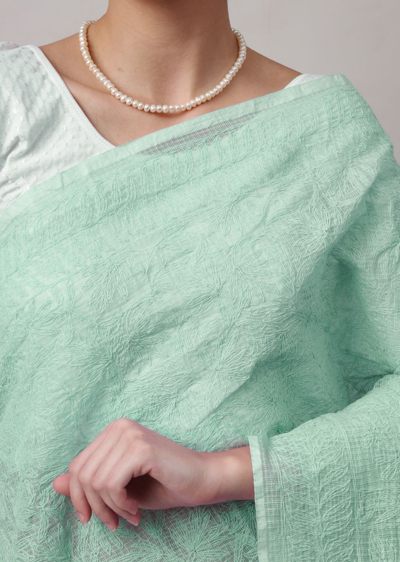 Firgun Hand Embroidered Mint Green Lucknowi Chikankari Kota Doria Tepchi Work Saree with Blouse Piece