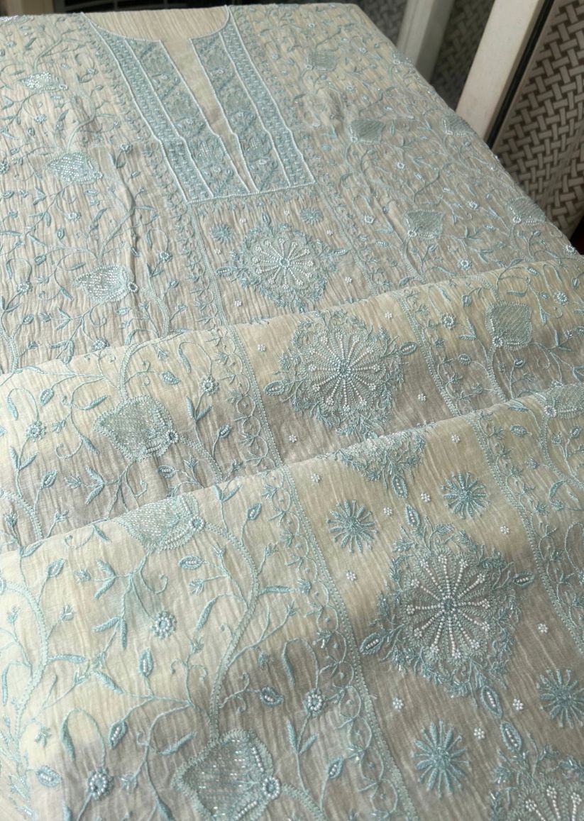 Firgun Ivory & Blue Lucknowi Chikankari Mul Chanderi Unstitched Kurta & Dupatta Set with Pearl & Cutdana Work