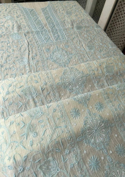 Firgun Ivory & Blue Lucknowi Chikankari Mul Chanderi Unstitched Kurta & Dupatta Set with Pearl & Cutdana Work