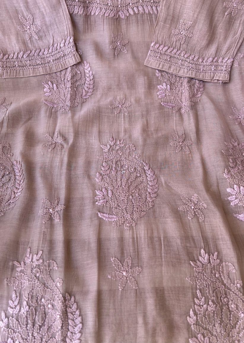 Firgun Wine Lucknowi Chikankari Mul Cotton Straight Kurta