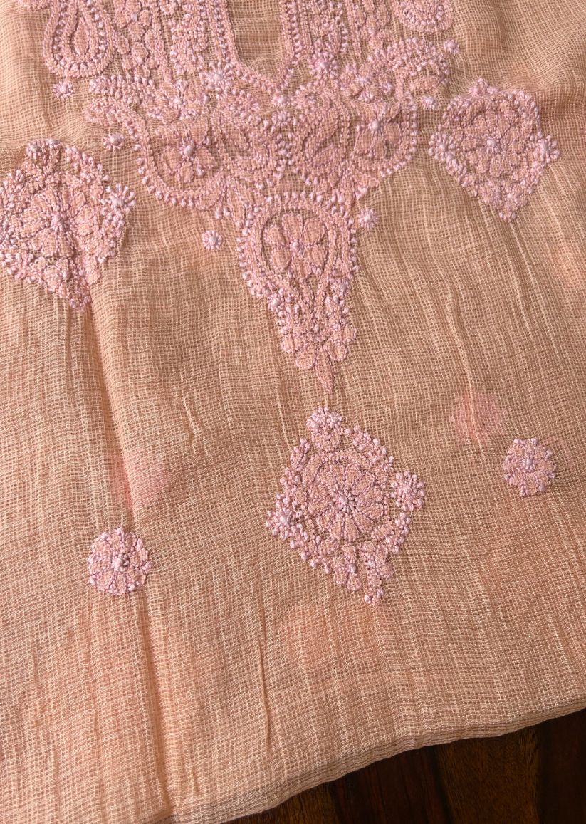 Firgun Orange Lucknowi Chikankari Kota Unstitched Kurta & Dupatta Set