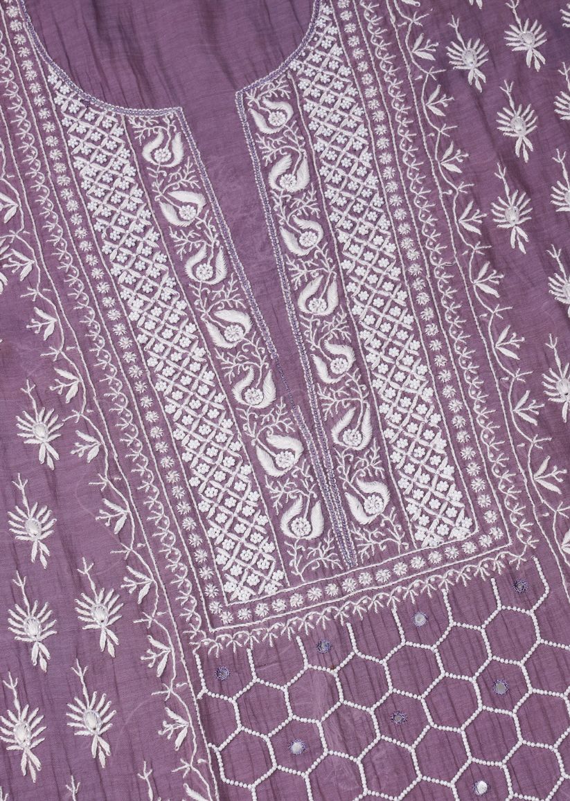 Firgun Mauve Lucknowi Chikankari & Pearl Work Mul Chanderi Unstitched Kurta & Dupatta Set