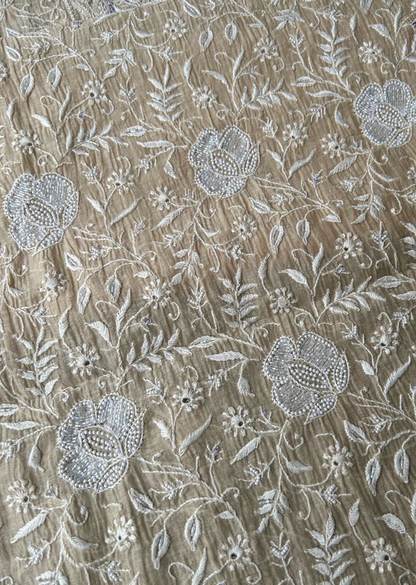 Firgun Beige Lucknowi Chikankari Mul Chanderi Unstitched Kurta & Dupatta Set with Pearl & Cutdana Work