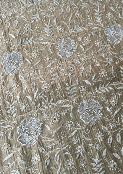Firgun Beige Lucknowi Chikankari Mul Chanderi Unstitched Kurta & Dupatta Set with Pearl & Cutdana Work