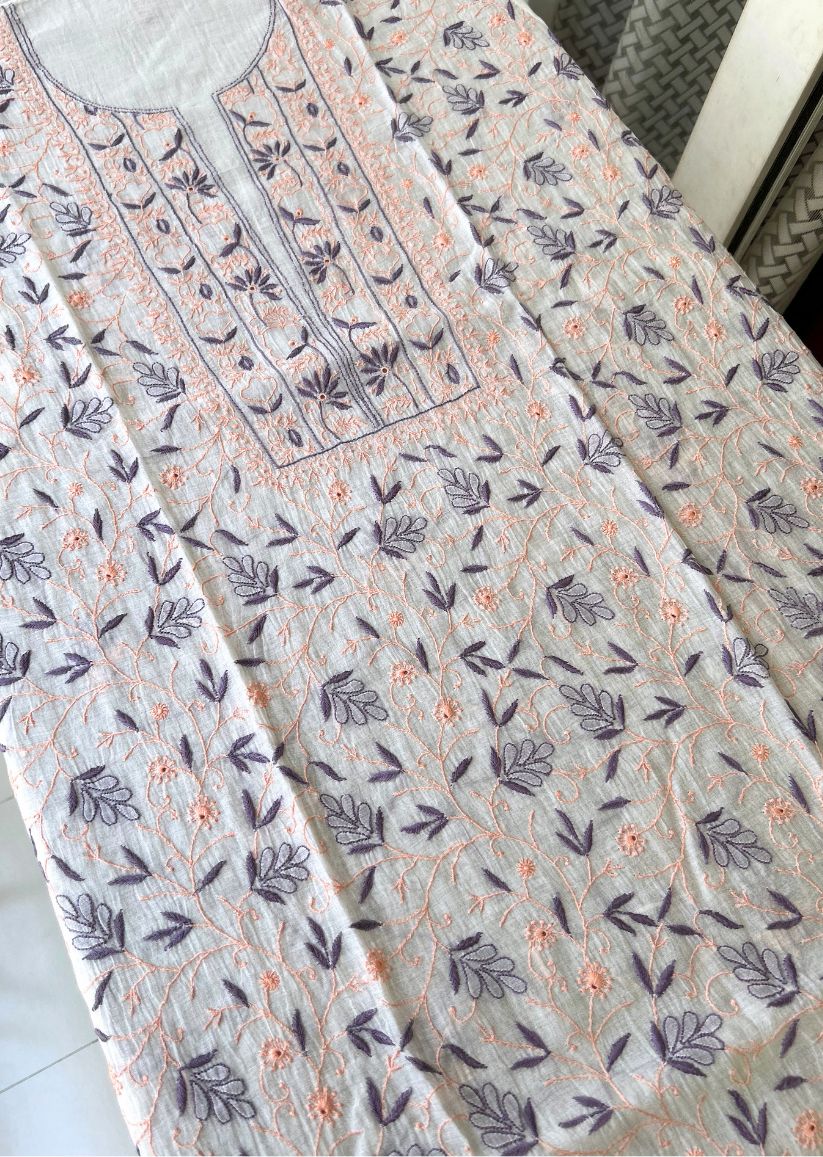 Firgun White Lucknowi Chikankari with Wine & Peach Work Mul Chanderi Unstitched Kurta & Dupatta Set