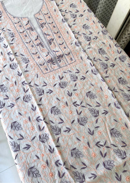 Firgun White Lucknowi Chikankari with Wine & Peach Work Mul Chanderi Unstitched Kurta & Dupatta Set