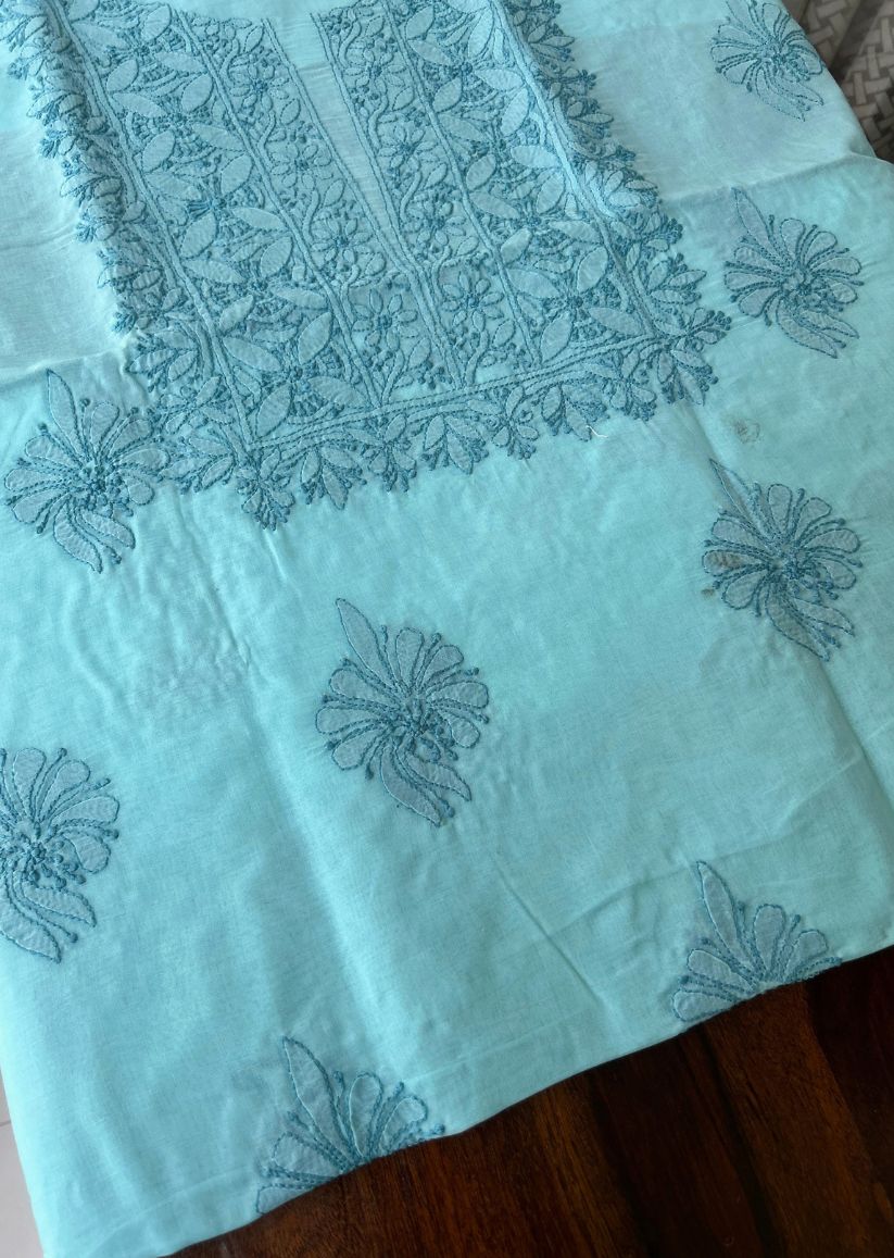 Firgun Blue Lucknowi Chikankari Cotton Unstitched Kurta