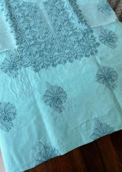 Firgun Blue Lucknowi Chikankari Cotton Unstitched Kurta