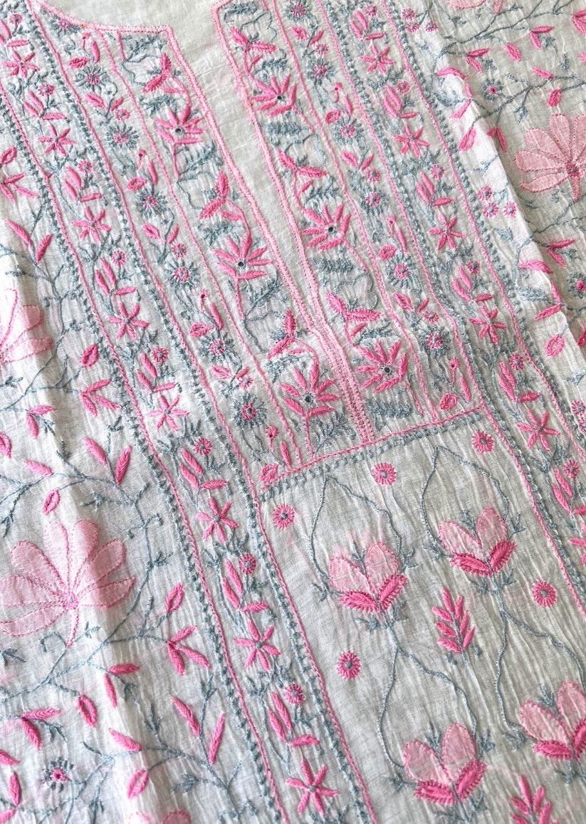 Firgun White Lucknowi Chikankari with Pink & Grey Work Mul Chanderi Unstitched Kurta & Dupatta Set